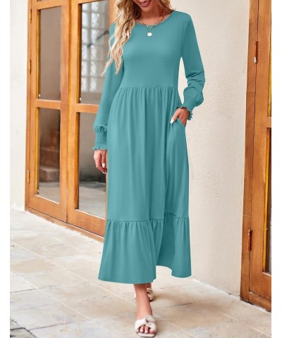 Women's 2024 Long Sleeve Dress Crewneck Casual Loose Pleated Tiered Swing Maxi Dresses with Pockets Sage $26.99 Dresses