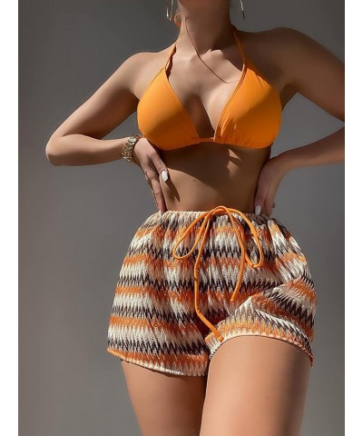 Women's 3 Piece Bikini Swimsuit High Cut Thong Bathing Suit with Chevron Shorts Orange $15.04 Swimsuits