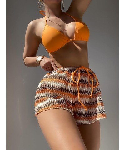 Women's 3 Piece Bikini Swimsuit High Cut Thong Bathing Suit with Chevron Shorts Orange $15.04 Swimsuits