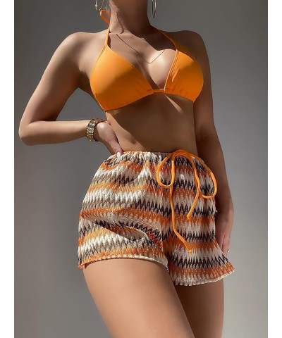 Women's 3 Piece Bikini Swimsuit High Cut Thong Bathing Suit with Chevron Shorts Orange $15.04 Swimsuits