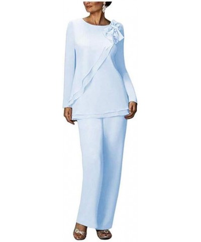 Plus Size Chiffon Mother of The Bride Pants Suits 2 PC Women Outfits Wedding Pants Sets Prom Party Wear Light Blue $33.14 Suits