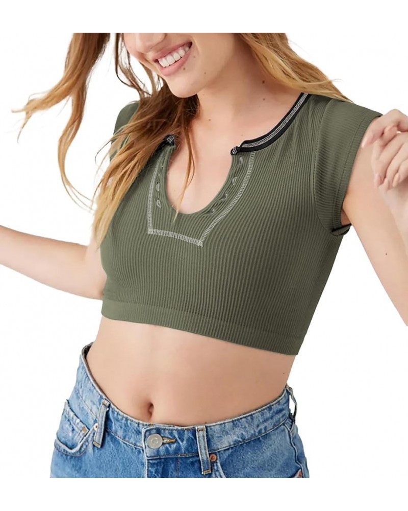 Long Sleeve Tops for Women Y2K Crew Neck Notch Going Out Tee Fall Stretch Ribbed Crop Top Dark Green $8.61 Others