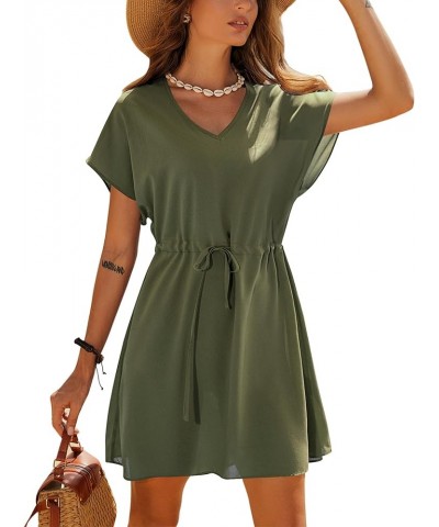 Womens Swimsuit Coverup Short Sleeve Beach Cover Up Dress V Neck Bikini Beachwear Style 2-Solid Color Army Green2 $14.66 Swim...