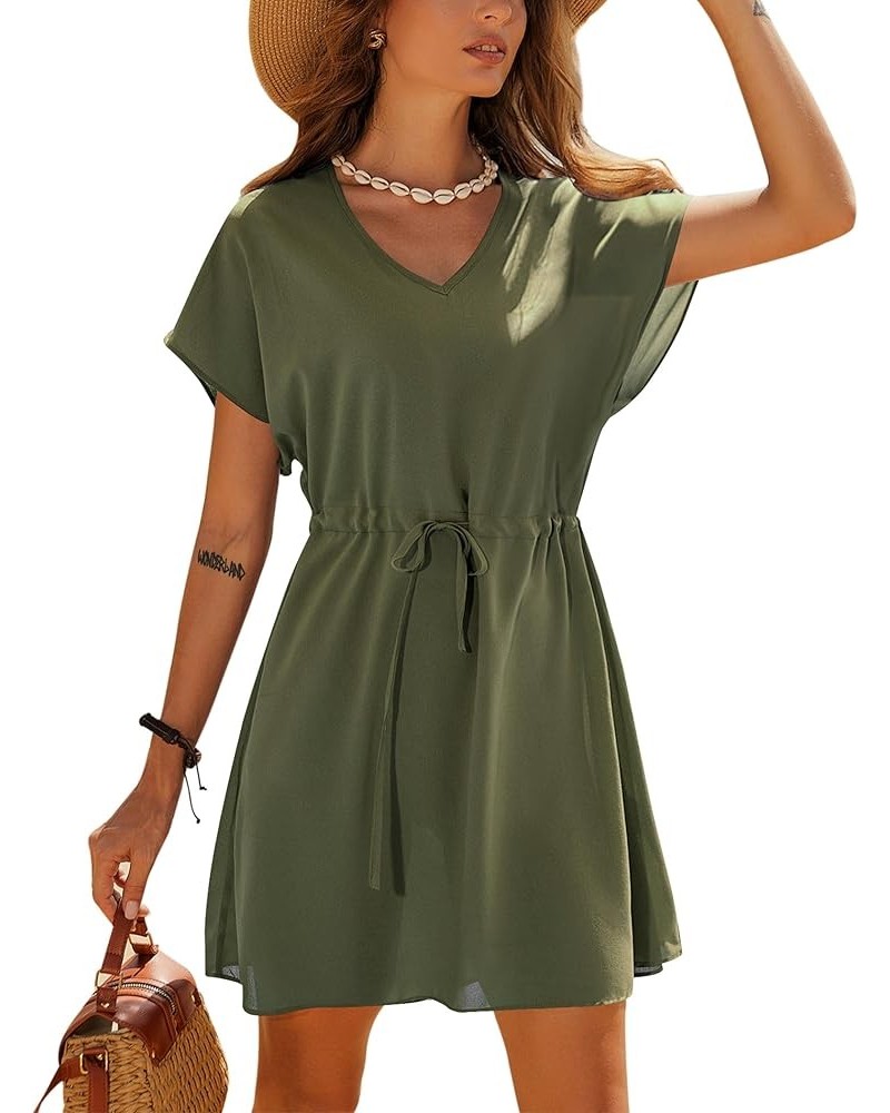 Womens Swimsuit Coverup Short Sleeve Beach Cover Up Dress V Neck Bikini Beachwear Style 2-Solid Color Army Green2 $14.66 Swim...