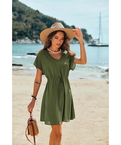 Womens Swimsuit Coverup Short Sleeve Beach Cover Up Dress V Neck Bikini Beachwear Style 2-Solid Color Army Green2 $14.66 Swim...