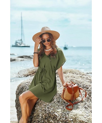 Womens Swimsuit Coverup Short Sleeve Beach Cover Up Dress V Neck Bikini Beachwear Style 2-Solid Color Army Green2 $14.66 Swim...