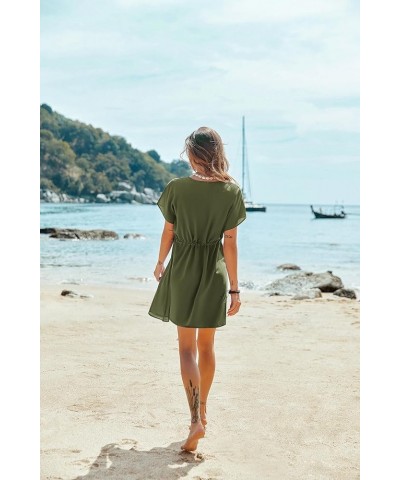 Womens Swimsuit Coverup Short Sleeve Beach Cover Up Dress V Neck Bikini Beachwear Style 2-Solid Color Army Green2 $14.66 Swim...