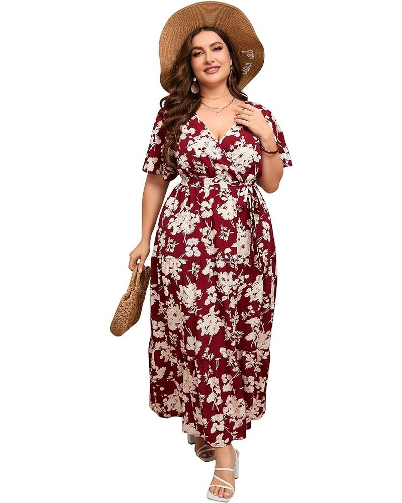 Women Plus Size V Neck Wrap Maxi Dress High Waist Ruffle Short Sleeves Casual Summer Dress with Belt Short Sleeve Wine Red Fl...