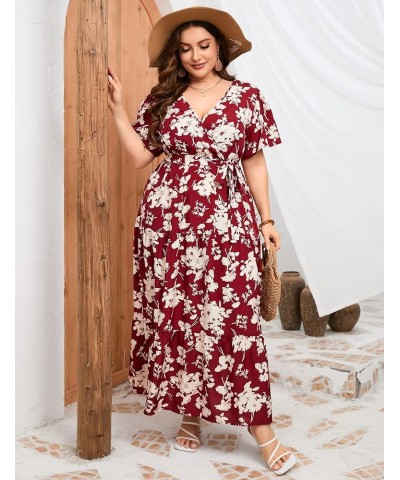 Women Plus Size V Neck Wrap Maxi Dress High Waist Ruffle Short Sleeves Casual Summer Dress with Belt Short Sleeve Wine Red Fl...