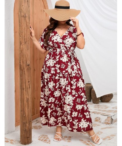 Women Plus Size V Neck Wrap Maxi Dress High Waist Ruffle Short Sleeves Casual Summer Dress with Belt Short Sleeve Wine Red Fl...