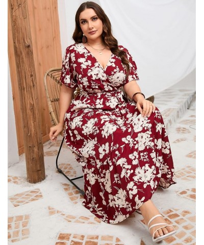 Women Plus Size V Neck Wrap Maxi Dress High Waist Ruffle Short Sleeves Casual Summer Dress with Belt Short Sleeve Wine Red Fl...