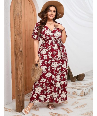 Women Plus Size V Neck Wrap Maxi Dress High Waist Ruffle Short Sleeves Casual Summer Dress with Belt Short Sleeve Wine Red Fl...