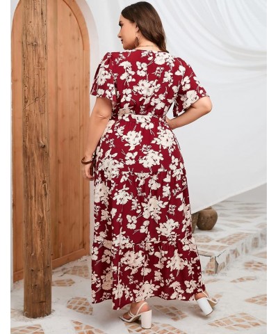 Women Plus Size V Neck Wrap Maxi Dress High Waist Ruffle Short Sleeves Casual Summer Dress with Belt Short Sleeve Wine Red Fl...