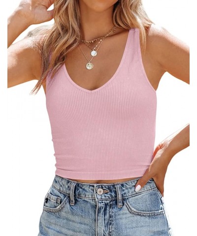 Women Casual Basic Sleeveless V Neck Ribbed Knitted Y2k Crop Tank Top 8-pink $10.80 Tanks