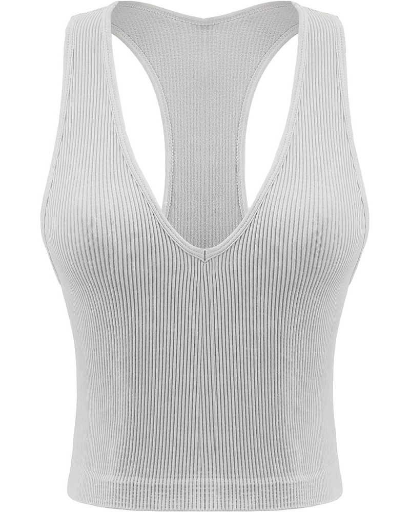 Women's 3 Pack Ribbed Racerback Crop Tank Top Seamless V-Neck Athletic Workout Cropped Tank Top Set Light Grey $10.08 Activewear