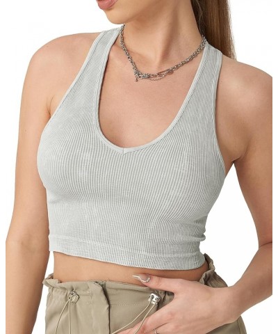 Women's 3 Pack Ribbed Racerback Crop Tank Top Seamless V-Neck Athletic Workout Cropped Tank Top Set Light Grey $10.08 Activewear