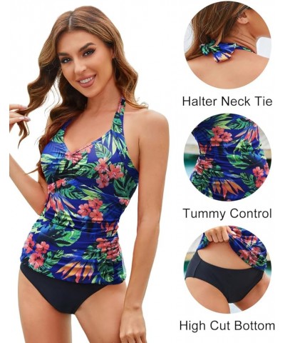 Halter Tankini Set Bathing Suit for Women Tummy Control Swimsuit V Neck Swim Tops Slimming Ruched Two Piece Swimwear 2-blue F...