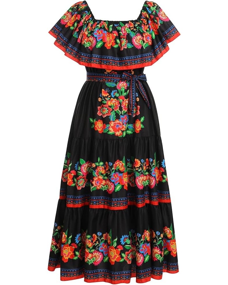 Women Mexican Dress Off Shoulder Floral Long Maxi Dress Traditional Fiesta Cinco de Mayo Dress Summer Beach Party Dress+ Belt...