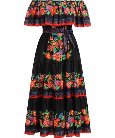 Women Mexican Dress Off Shoulder Floral Long Maxi Dress Traditional Fiesta Cinco de Mayo Dress Summer Beach Party Dress+ Belt...