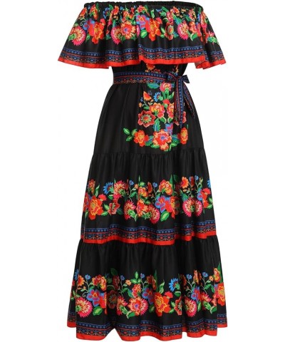 Women Mexican Dress Off Shoulder Floral Long Maxi Dress Traditional Fiesta Cinco de Mayo Dress Summer Beach Party Dress+ Belt...