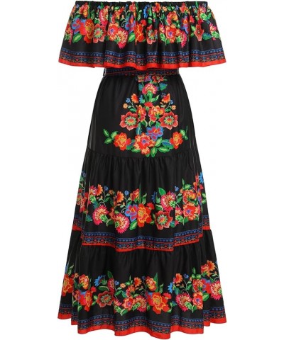 Women Mexican Dress Off Shoulder Floral Long Maxi Dress Traditional Fiesta Cinco de Mayo Dress Summer Beach Party Dress+ Belt...