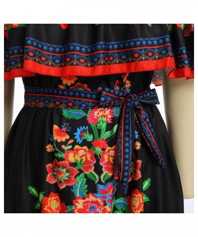 Women Mexican Dress Off Shoulder Floral Long Maxi Dress Traditional Fiesta Cinco de Mayo Dress Summer Beach Party Dress+ Belt...