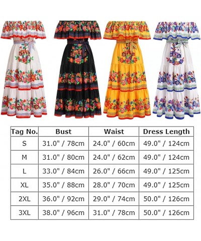 Women Mexican Dress Off Shoulder Floral Long Maxi Dress Traditional Fiesta Cinco de Mayo Dress Summer Beach Party Dress+ Belt...