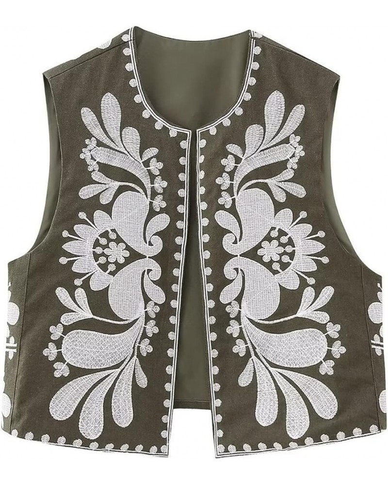 Women Y2k Vintage Embroidered Vest Floral Open Shirt Crop Vest Sleeveless Linen Cardigan Boho Vests Tops Floral 88- Green $16...