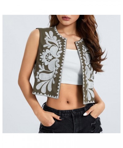 Women Y2k Vintage Embroidered Vest Floral Open Shirt Crop Vest Sleeveless Linen Cardigan Boho Vests Tops Floral 88- Green $16...