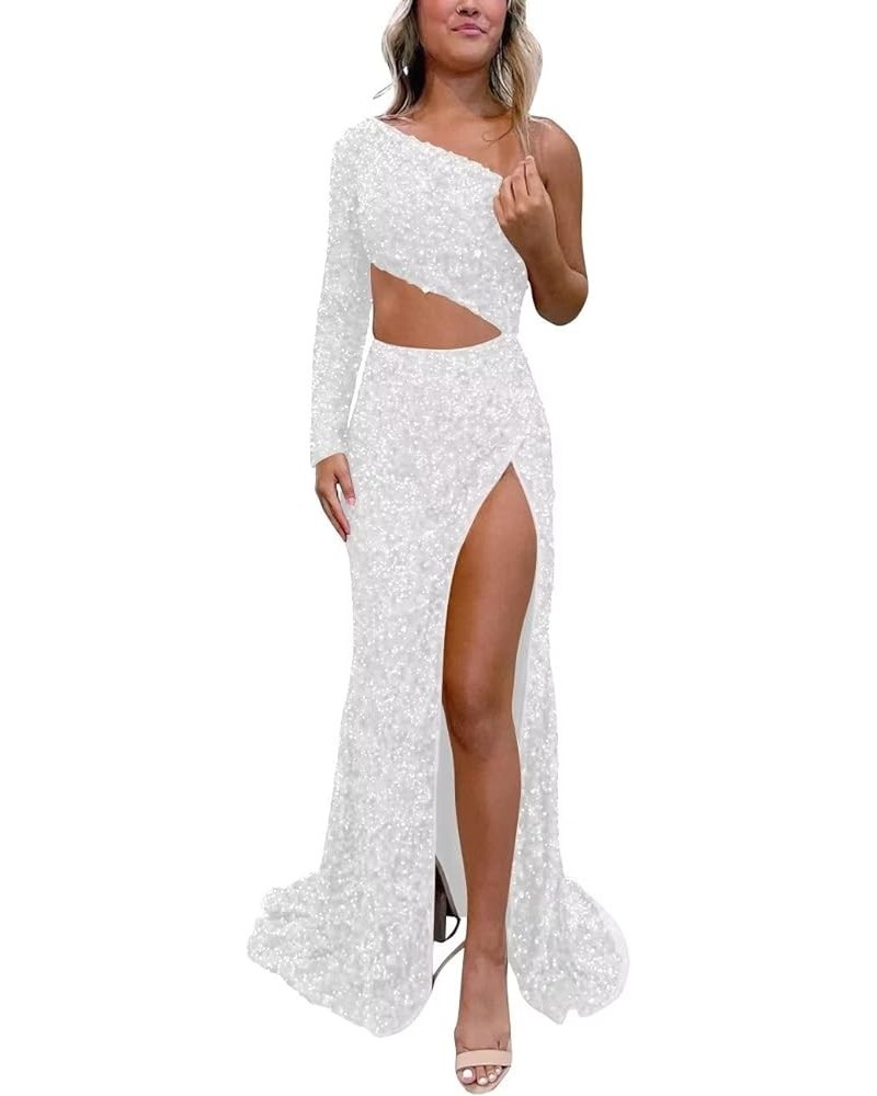 One Shoulder Long Sleeve Sequin Prom Dresses with High Slit Sexy Cut Out Waist Evening Party Gowns Pure White $49.00 Dresses