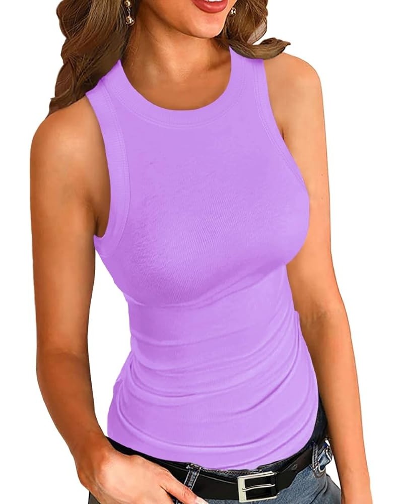 Women Tank Tops Summer Sleeveless Basic Cami Shirt Slim Knit Ribbed Racerback Blouses Lavender $11.51 Tanks