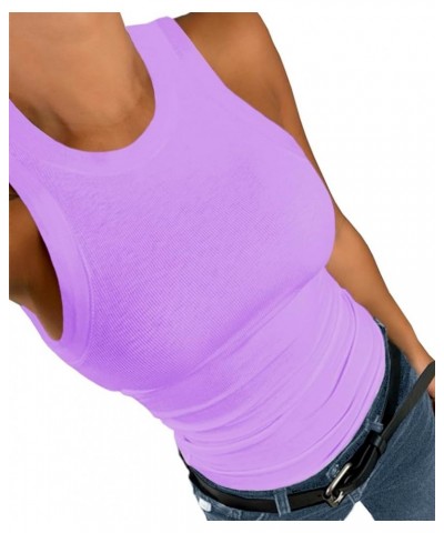 Women Tank Tops Summer Sleeveless Basic Cami Shirt Slim Knit Ribbed Racerback Blouses Lavender $11.51 Tanks