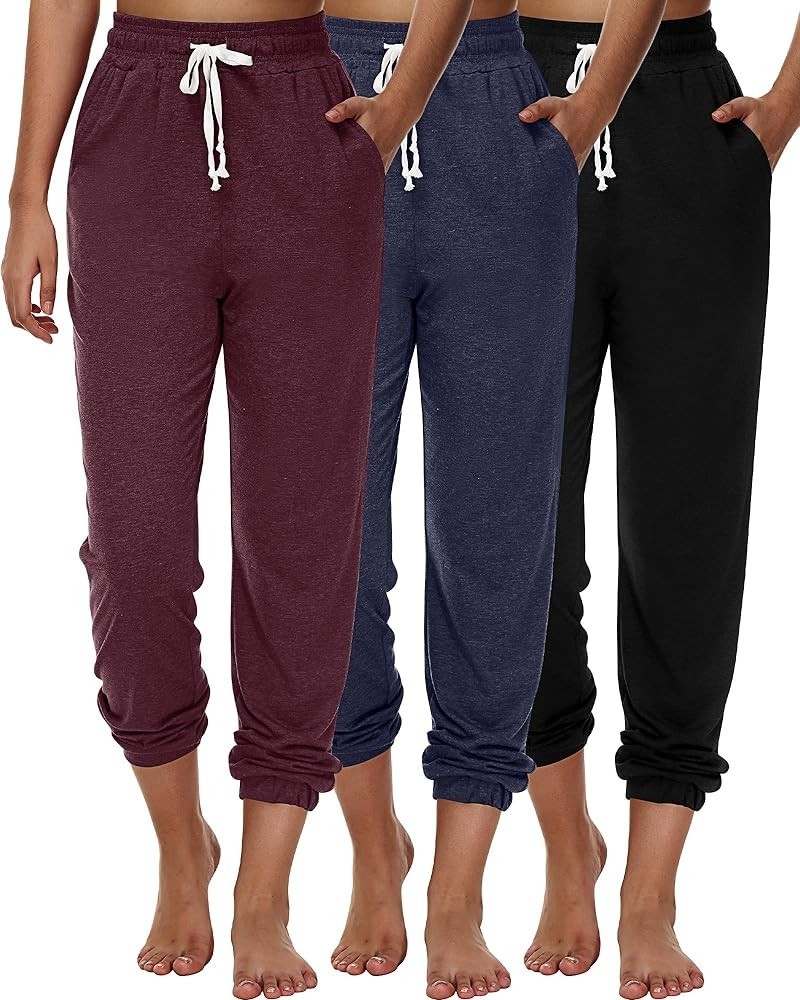 3 Pcs Women's Joggers Pants Casual Soft Sweatpants Lounge Pants High Waisted Athletic Joggers with Pockets Black, Navy Blue, ...