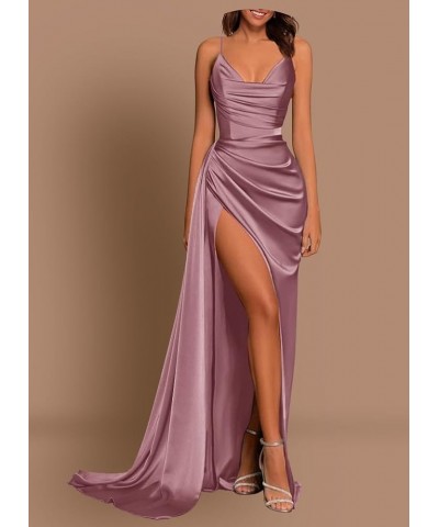 Spaghetti Strap Satin Prom Dresses for Women V Neck Slit Long Evening Party Dress with Train Dusty Rose $36.75 Dresses