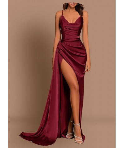 Spaghetti Strap Satin Prom Dresses for Women V Neck Slit Long Evening Party Dress with Train Dusty Rose $36.75 Dresses