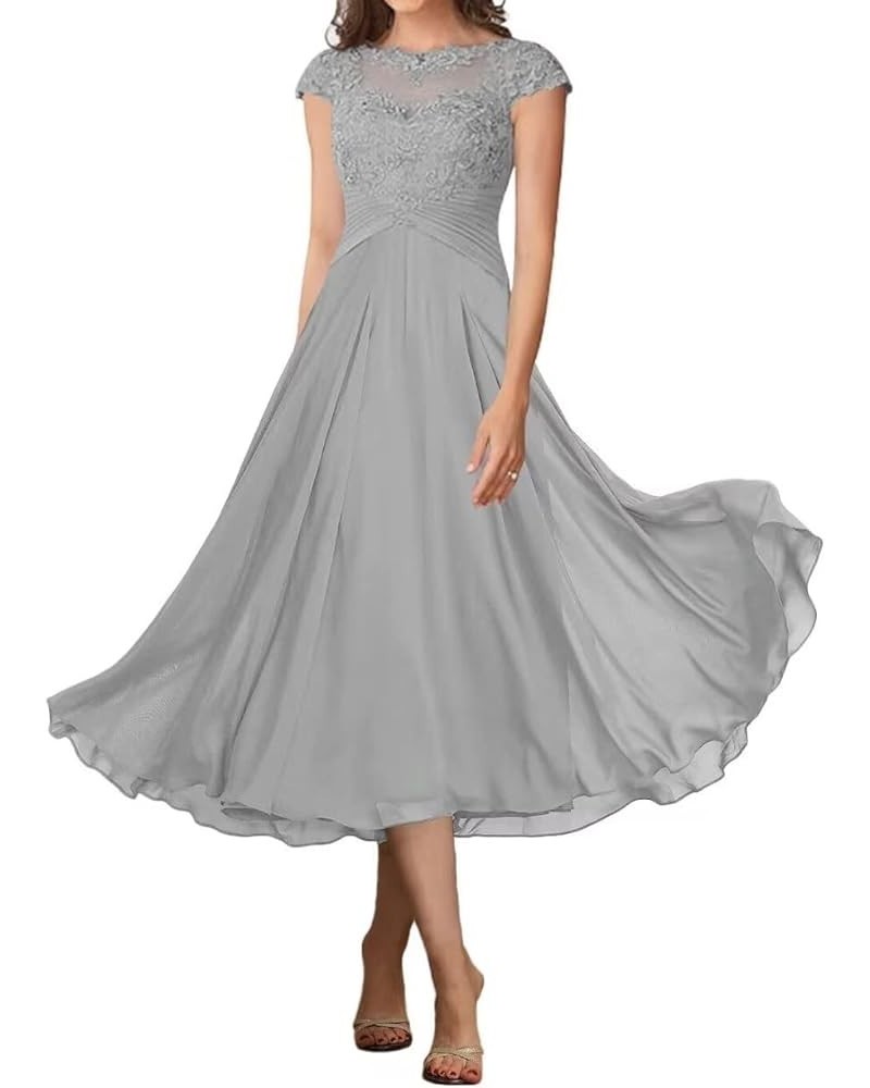 Tea Length Mother of The Bride Dresses for Wedding Lace Wedding Dresses for Bride Chiffon Formal Gown with Pockets Silver $42...