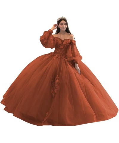 Floral Quinceanera Dresses with Sleeves Giltter Tulle Ball Gown Puffy Lace Off Shoulder Sweet 16 Dresses Party Gowns Rust $48...