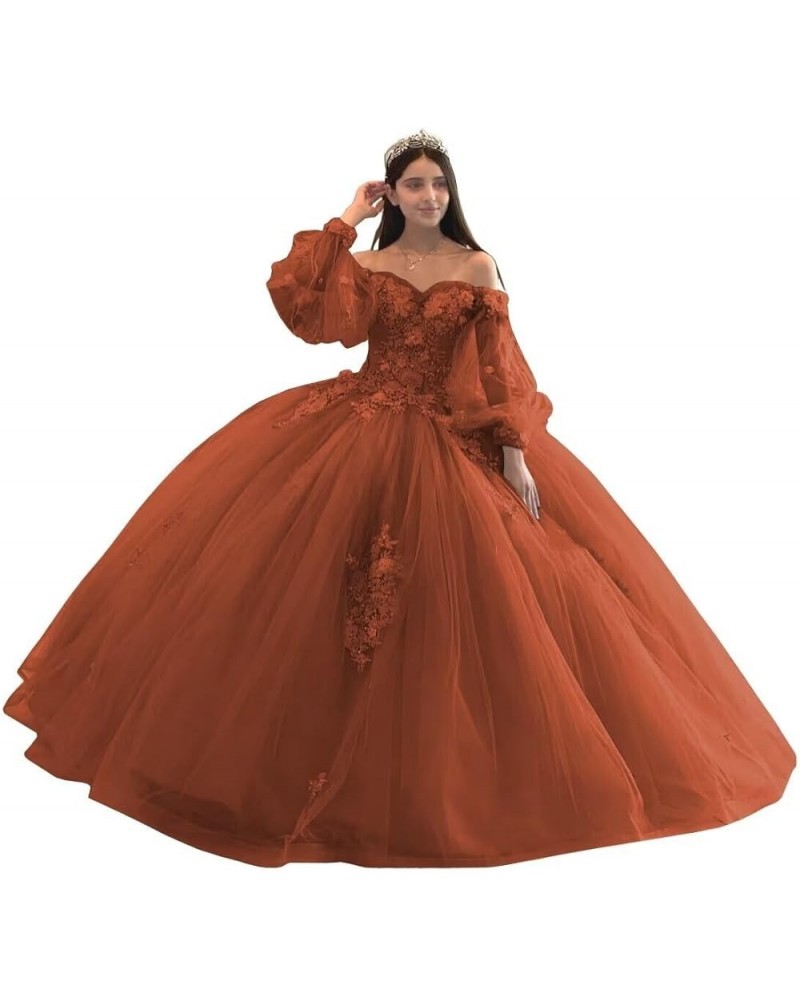 Floral Quinceanera Dresses with Sleeves Giltter Tulle Ball Gown Puffy Lace Off Shoulder Sweet 16 Dresses Party Gowns Rust $48...