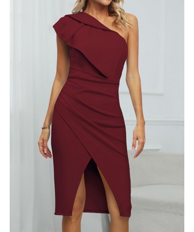 Wedding Guest Cocktail Party Dress for Women One Shoulder Ruffled Ruched Slit Bodycon Fomal Midi Dresses Wine Red $21.64 Blouses