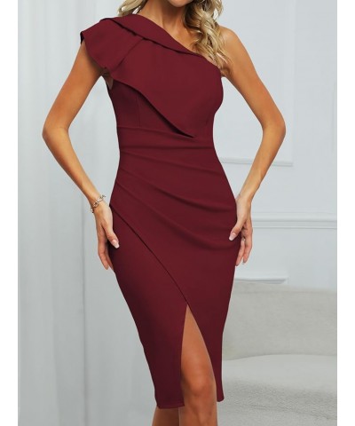 Wedding Guest Cocktail Party Dress for Women One Shoulder Ruffled Ruched Slit Bodycon Fomal Midi Dresses Wine Red $21.64 Blouses