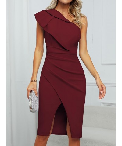 Wedding Guest Cocktail Party Dress for Women One Shoulder Ruffled Ruched Slit Bodycon Fomal Midi Dresses Wine Red $21.64 Blouses