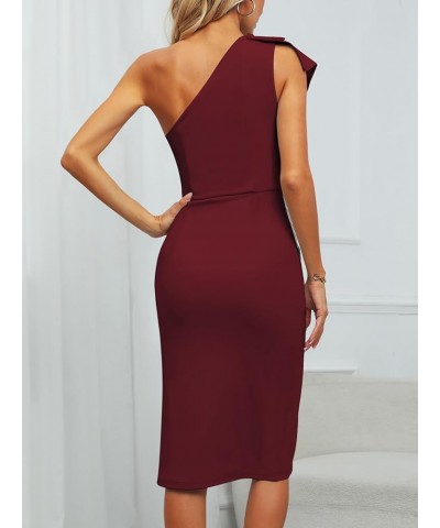 Wedding Guest Cocktail Party Dress for Women One Shoulder Ruffled Ruched Slit Bodycon Fomal Midi Dresses Wine Red $21.64 Blouses