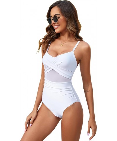 Women Sexy Mesh One Piece Swimsuit Tummy Control Bathing Suit Push Up High Waisted Swimwear White $14.24 Swimsuits