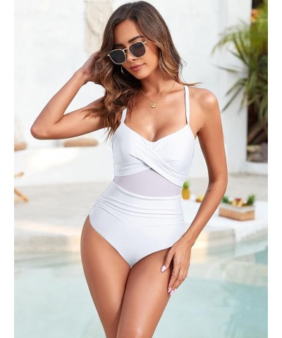 Women Sexy Mesh One Piece Swimsuit Tummy Control Bathing Suit Push Up High Waisted Swimwear White $14.24 Swimsuits