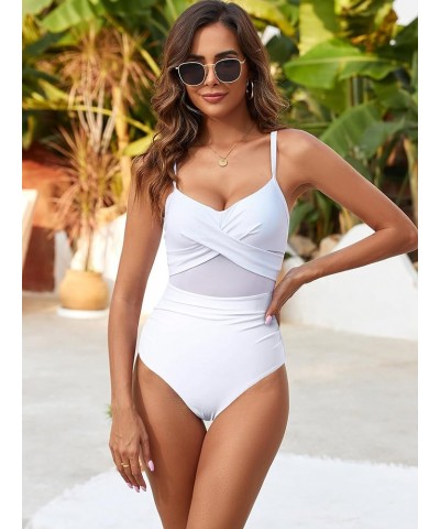 Women Sexy Mesh One Piece Swimsuit Tummy Control Bathing Suit Push Up High Waisted Swimwear White $14.24 Swimsuits