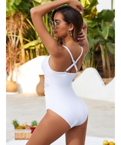 Women Sexy Mesh One Piece Swimsuit Tummy Control Bathing Suit Push Up High Waisted Swimwear White $14.24 Swimsuits