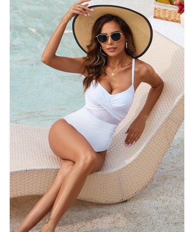 Women Sexy Mesh One Piece Swimsuit Tummy Control Bathing Suit Push Up High Waisted Swimwear White $14.24 Swimsuits