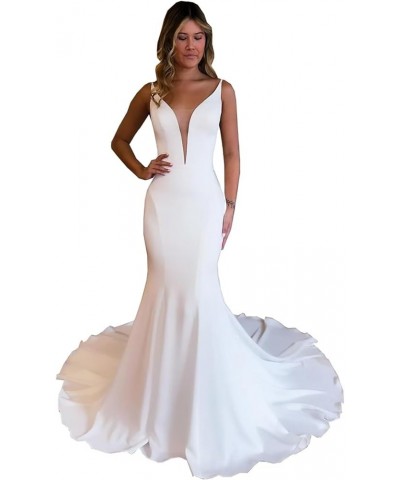 Satin Wedding Dresses for Bride 2024 Mermaid V Neck Bridal Gowns Spaghetti Straps Wedding Gowns Ivory1 $47.31 Dresses