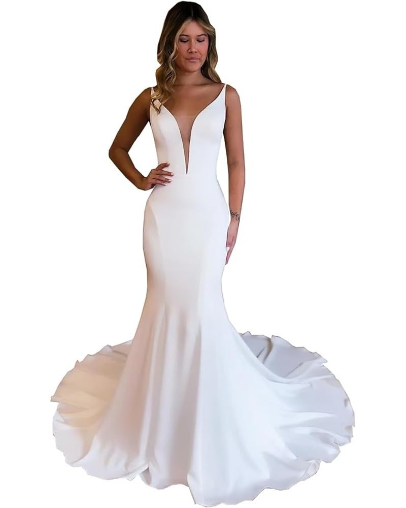 Satin Wedding Dresses for Bride 2024 Mermaid V Neck Bridal Gowns Spaghetti Straps Wedding Gowns Ivory1 $47.31 Dresses