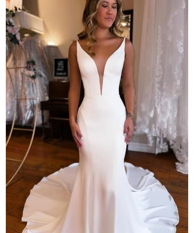 Satin Wedding Dresses for Bride 2024 Mermaid V Neck Bridal Gowns Spaghetti Straps Wedding Gowns Ivory1 $47.31 Dresses